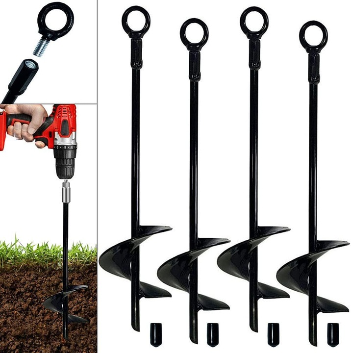 Set de 4 ancore pentru trambuline - Kit de ancorare pentru corturi, leagane, copertine, trambuline metalice - Vanturi puternice - 38 cm