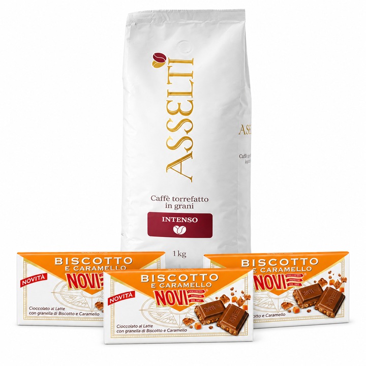 Set ASSELTI® Origine Italia – 1 x Cafea boabe Intenso 1 kg + 3 x Ciocolata NOVI Biscotto e Caramello, gust italian intens si dulce