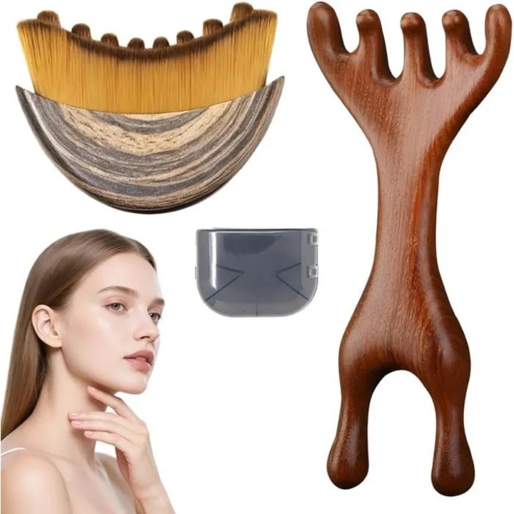 Perie contur facial si pieptene masaj, drenaj limfatic, set 2 piese, alb, compact