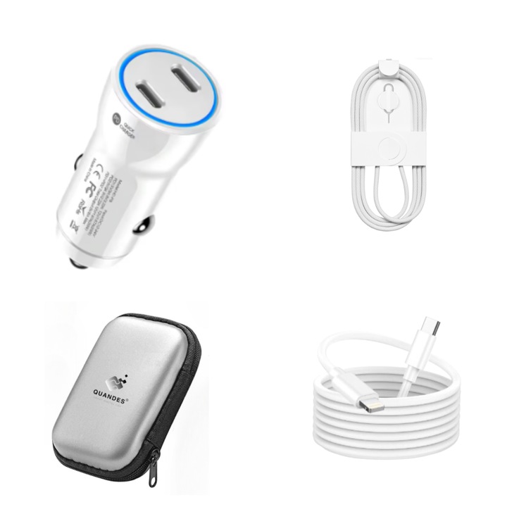 Autós töltő készlet Kettős gyorstöltő USB-C-C 60W, Adatkábel USB-C-C 60W, USB-C-Lightning 37W, 1M, Kompatibilis iPhone 17, 16, 15, 14, 12 pro max modellekkel, QUANDES®, tárolótáska