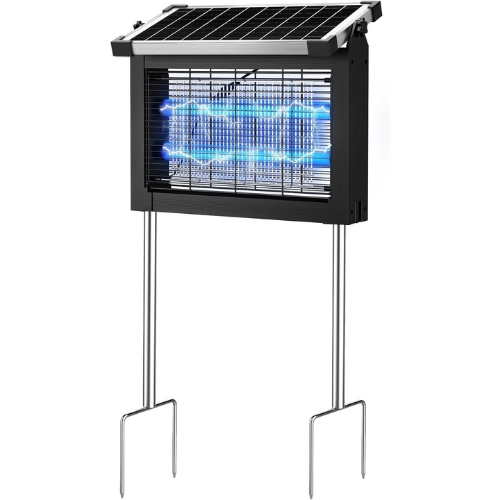PRANITE 20W szolár szúnyogriasztó lámpa, 4500V elektromos rovarirtó 3 UV LED csővel, 4500mAh akkumulátor, szolár és USB töltés, IPX6, kültéri és beltéri használatra, kertbe, kempingezéshez, teraszra és otthonra