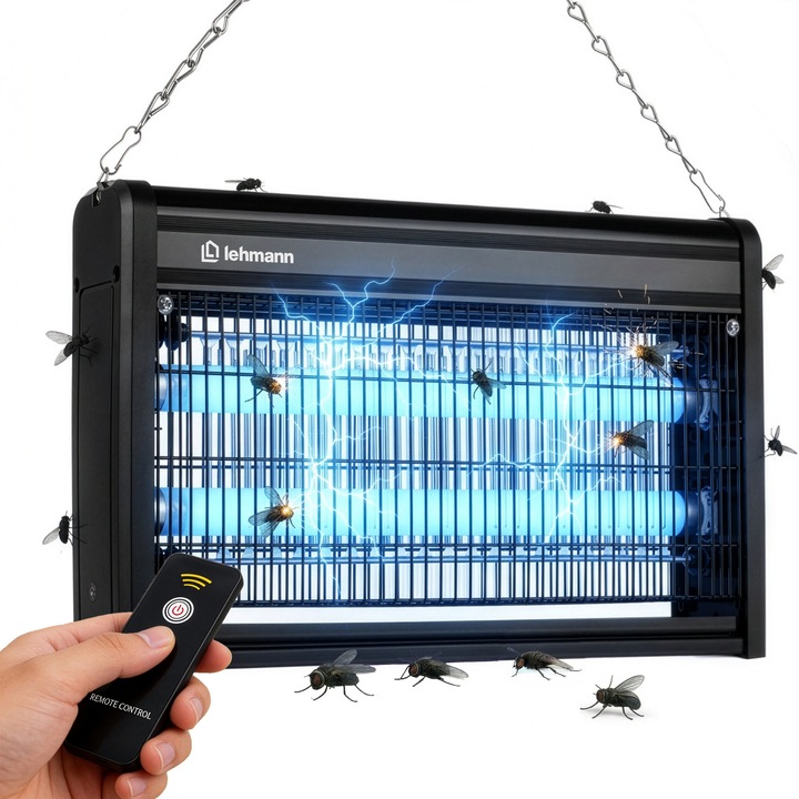 Lehmann KOMARNIK 20RC rovarcsapda lámpa, 20 W, LED, távirányítóval, akár 150 m² lefedettség, csendes működés, falra szerelhető vagy állványra helyezhető, fekete