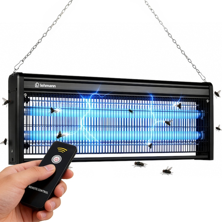 Lehmann KOMARNIK 40RC elektromos rovarcsapda lámpa, 40W, távirányító, 400 m² lefedettség, 2 LED cső, csendes működés, kivehető tálca, felfüggeszthető vagy asztalra helyezhető, fekete