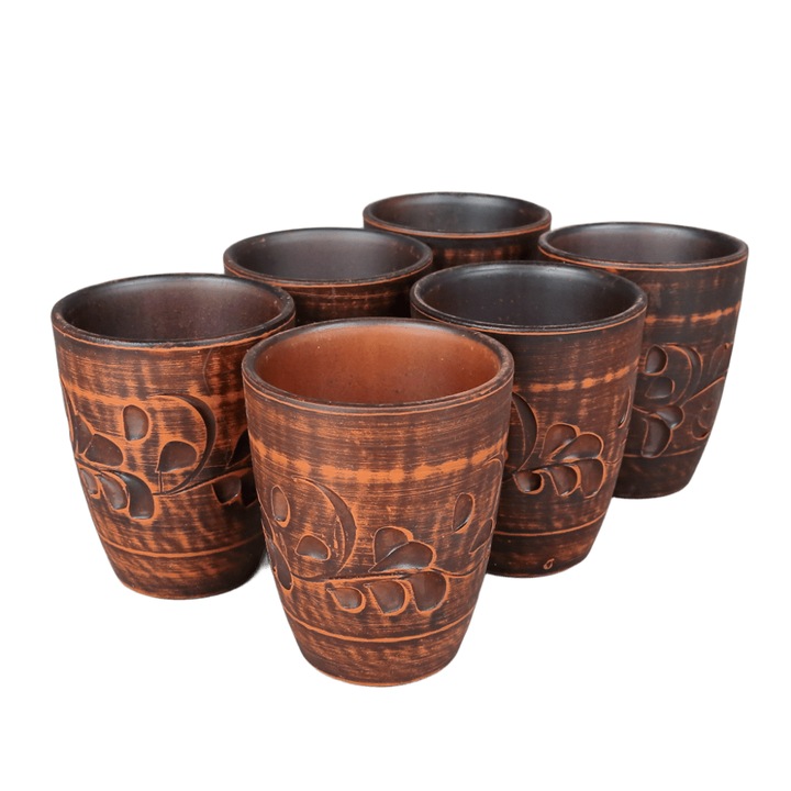 Set 6 Cani din Ceramica cu Motiv Arhaic, 400 ml, pentru Vin, Ceai sau Vin Fiert, Model Rustic, Maro/Crem