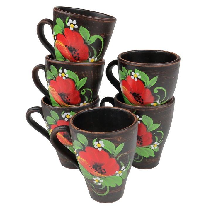 Set 6 Cani din Ceramica cu Toarta si Motiv Floare de Mac Pictat Manual, 300 ml, pentru Vin, Ceai sau Apa, Model Traditional, Maro/Rosu