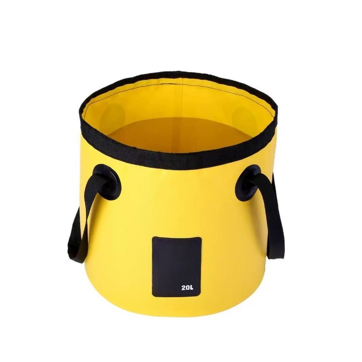 Összecsukható vödör, 20 l, lábfürdő vödör, vízálló, ORBER, víztároló vödör, hordozható, fogantyúval, kempingezéshez, horgászathoz és autómosáshoz, PVC, 30 × 30 cm, sárga