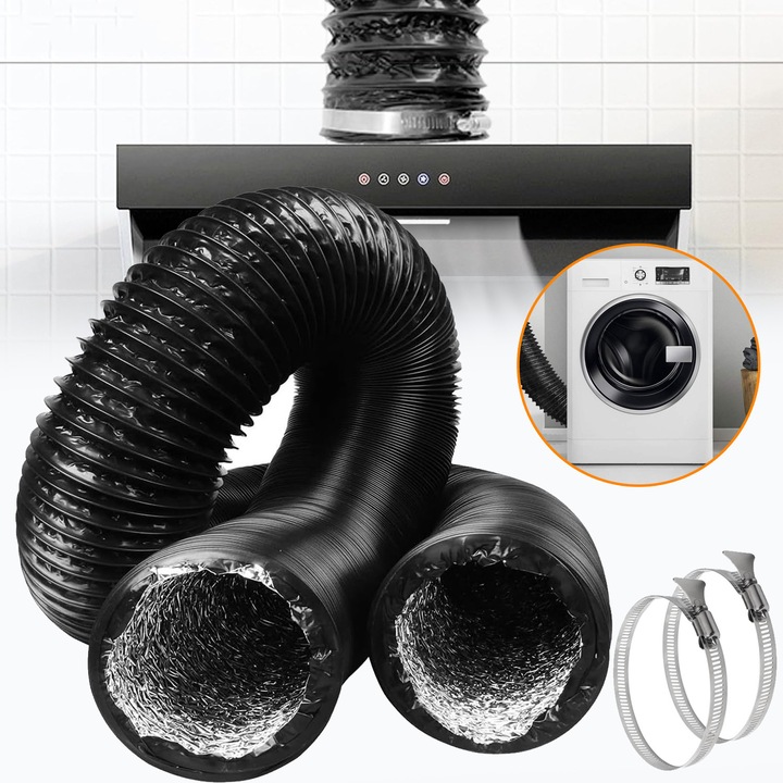 Furtun Flexibil De Ventilatie, Tub De Conducta Pentru Furtunul Uscatorului De Rufe, Conducta Din Aluminiu De 100 Mm, Furtun Lung Flexibil Din Aluminiu Si Pvc Cu 2 Cleme Pentru Ventilator De Extractie