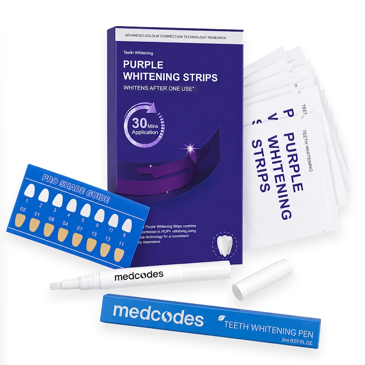 Kit Albire Dinti Mov MEDCODES: 14 Benzi de Albire Violet cu Tehnologie PAP+ 18% Fara Peroxid + Pix Albire 2ml Aplicare Punctuala, Vegan, Fara Sensibilitate, Aroma Menta, 7 Plicuri