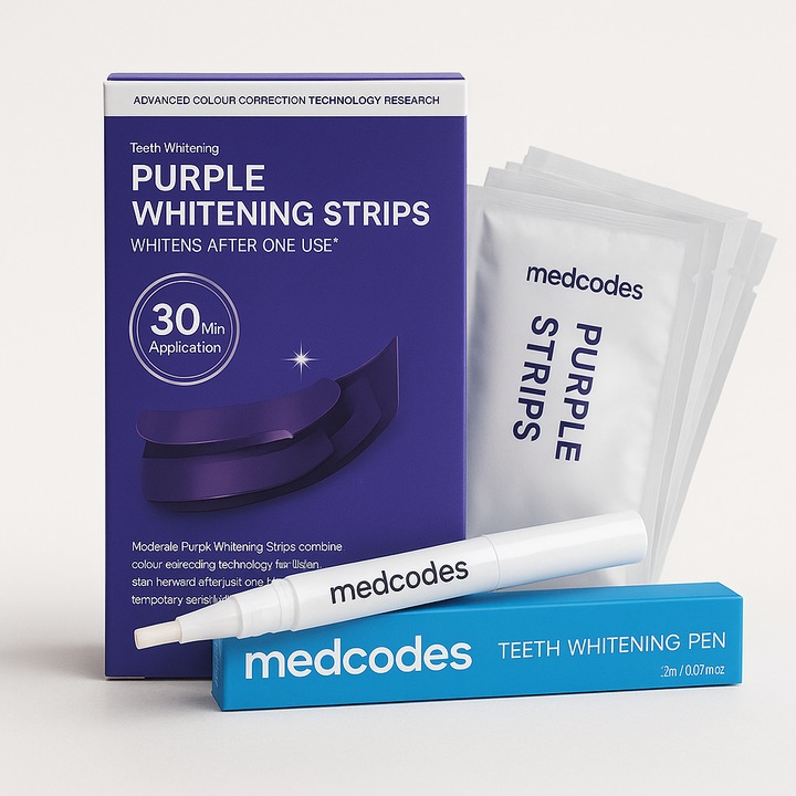Kit Albire Dinti Mov MEDCODES: 14 Benzi de Albire Violet cu Tehnologie PAP+ 18% Fara Peroxid + Pix Albire 2ml Aplicare Punctuala, Vegan, Fara Sensibilitate, Aroma Menta, 7 Plicuri