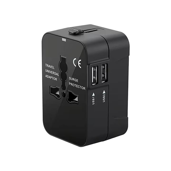 Adaptor universal priza, EU/USA/UK/AU, 2xUSB, AC110V-240V, 2.1A, Negru
