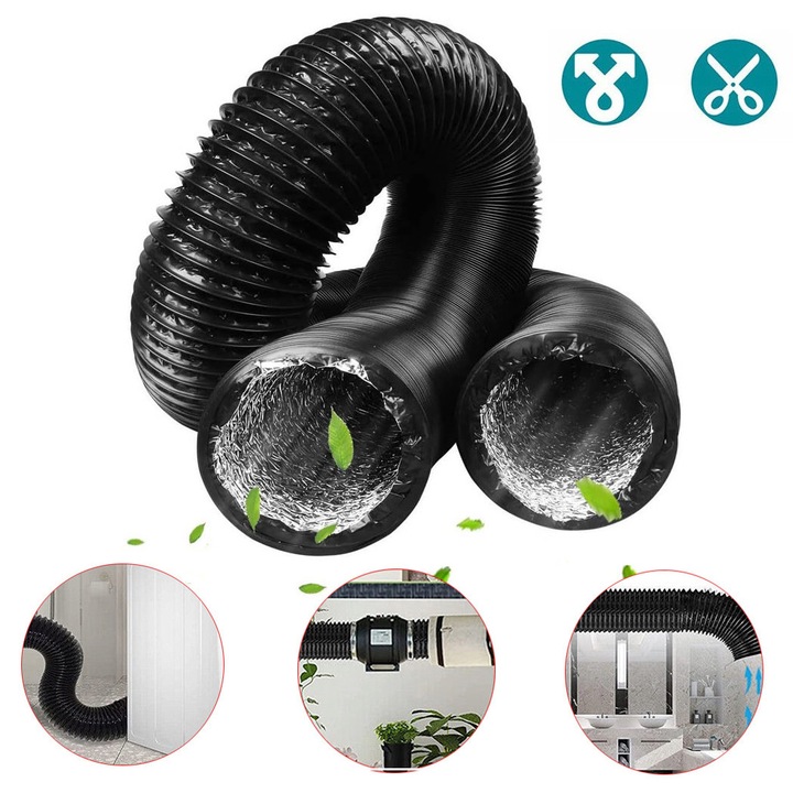 Furtun Flexibil De Ventilatie Negru Din Aluminiu Si PVC De 150 mm, Conducta De Aer Pentru Uscator, Hota, Ventilator De Extractie, Furtun De Ventilatie Pentru Filtru De Ventilator Si Cort De Crestere