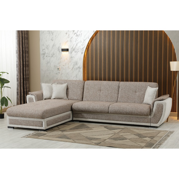 Coltar extensibil ADRIS de la BGH Bedding, 326/187-88 cm, cu lada depozitare, stofa premium maro/bej, 3 locuri + sezlong, functie pat, design modern