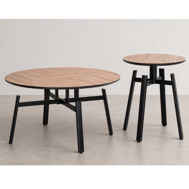 Комплект от 2 кръгли масички за кафе от MDF с метална основа, 80x80x45 см/ 50x50x53.5 см