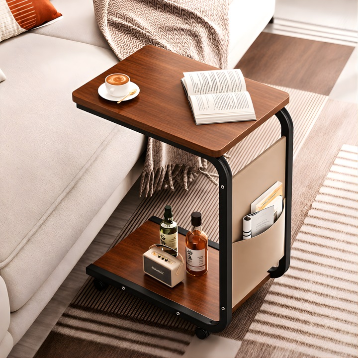 Masuta Cafea KD Home® Rivano, Cu Roti, Cadru Metalic, 2 Blaturi, Spatiu Depozitare, Pentru Living, Dormitor, Hol, Tip Masuta Laterala Noptiera, Ingusta, Maro