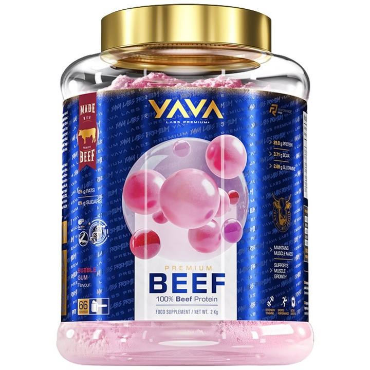 Étrend-kiegészítő Yava Labs Premium Beef Protein 0 cukor ~ 0 zsír ~ 86% tiszta fehérje, rágógumi, 2000 gramm