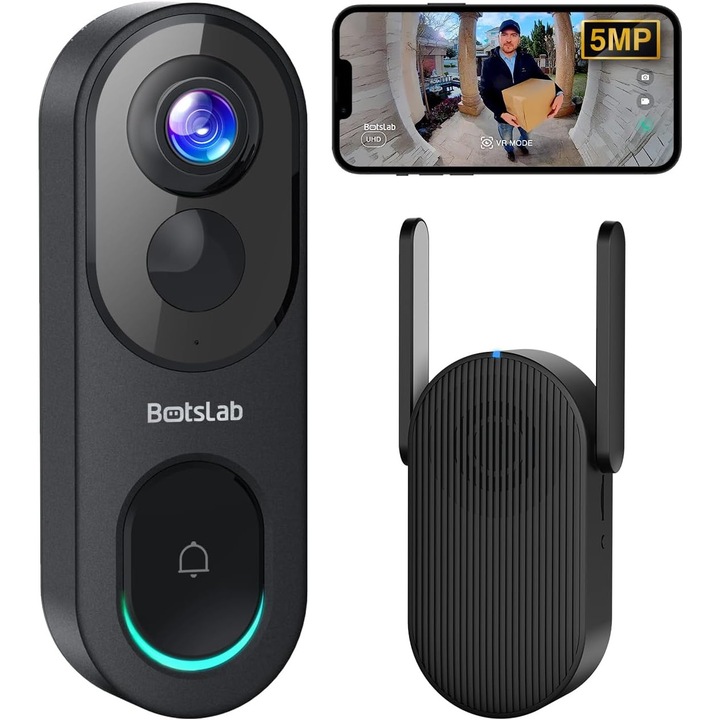 Sonerie Video Wireless, BOTSLAB, 5MP cu Camera si WiFi – Vedere 360°, Night Vision, Detectie AI, Audio Bidirectional, Baterie 5200mAh si Stocare Gratuita 32GB