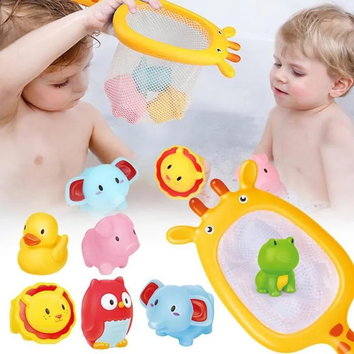 Fürdőjáték szett, háló és színes úszó állatok, többszínű, változatos méretek