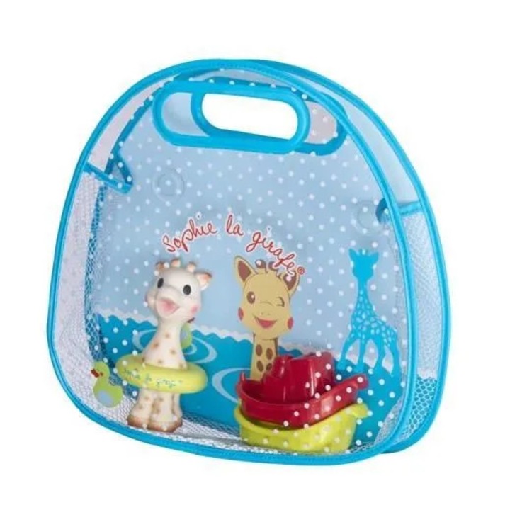 Sophie zsiráf fürdőjáték szett, 2 csónak, kosár, többszínű, 10 hónap+