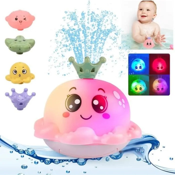 Fürdőjáték, LED polip, 4 cserélhető fúvóka, rózsaszín