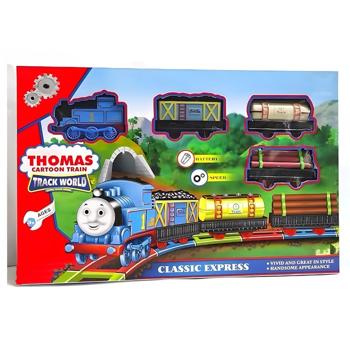 Set Trenulet Electric Thomas Track World, 14 piese, Locomotiva cu 3 Vagoane si Circuit, Albastru