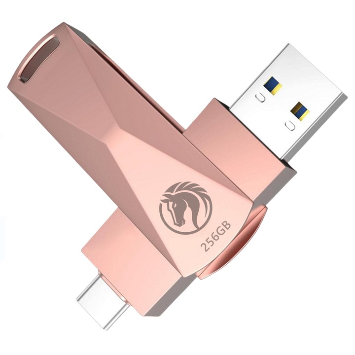 Unitate flash 256GB cu porturi USB-A si Type-C, viteza USB 3.0 pana la 100MB/s, carcasa metalica rezistenta la apa, compatibil toate telefoanele si calculatoarele (Aur roz)