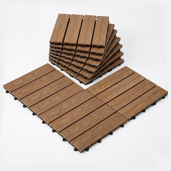 Set 12 Placi pentru Terasa Teno®, tip mozaic din lemn, durabile, prindere prin imbinare, PVC, 30 x 30 cm, bej