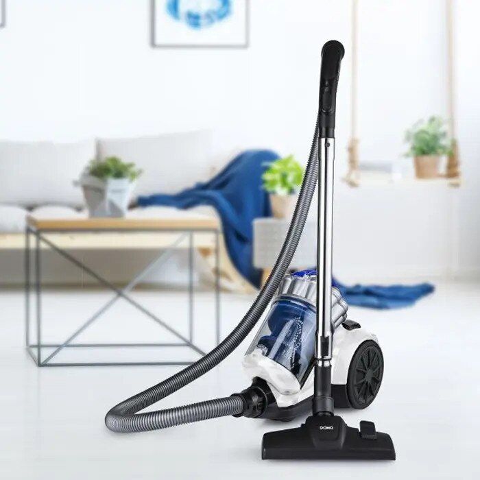 Aspirator fara sac DOMO, capacitate rezervor 1.5 litri, rezervor de praf detasabil, tehnologie Multi-Cyclone, filtru HEPA 13 lavabil, comutator pe maner, utilizare facila, curatare usoara, alb/albastru