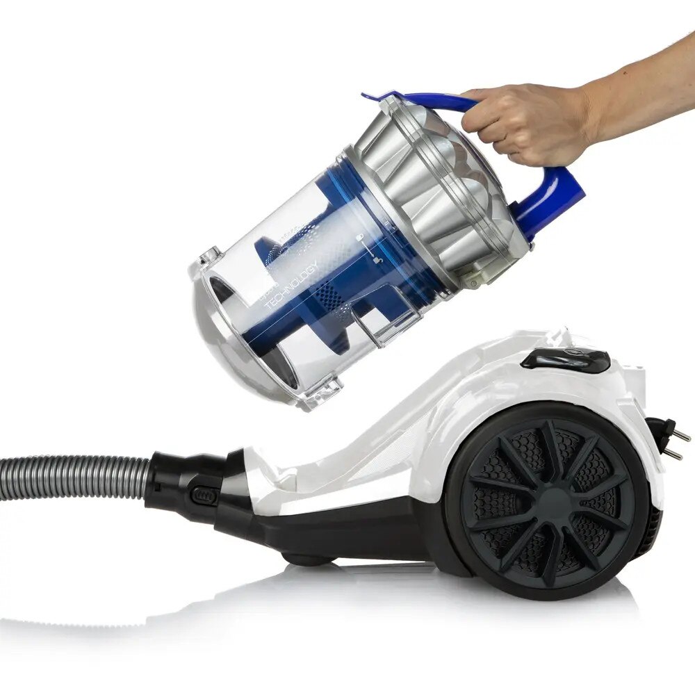Aspirator fara sac DOMO, capacitate rezervor 1.5 litri, rezervor de praf detasabil, tehnologie Multi-Cyclone, filtru HEPA 13 lavabil, comutator pe maner, utilizare facila, curatare usoara, alb/albastru