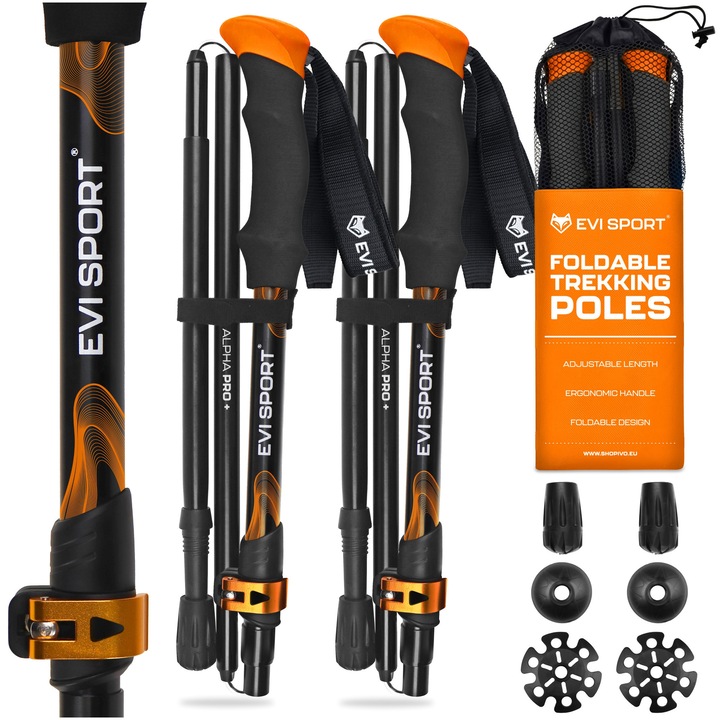 2 db EVI SPORT ALPHA PRO+ Trekking és Nordic Walking bot szett, Összecsukható, Állítható 110-130cm, Könnyű alumínium 264g, EVA hab markolat, Tok és tartozékok mellékelve, Narancssárga