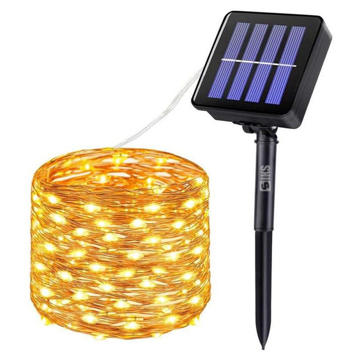 Instalatie de Craciun Solara Tip Liniar SIKS, Lumina Calda, 10 Metri, 100 LED-uri, Incarcare Panou Solar, Utilizare Interior/Exterior, Fir Cupru, Alb Cald