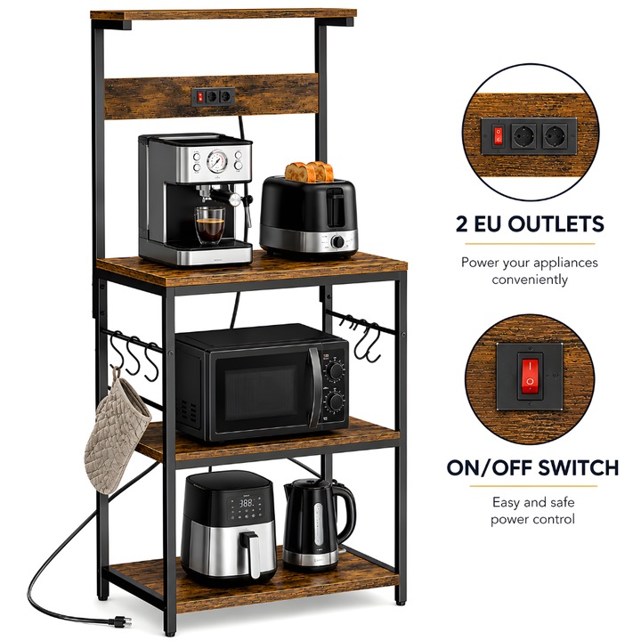 Raft Bucatarie KD Home® Barista Loft, 4 Rafturi, 2 Prize, Buton ON/OFF, Carlige Laterale, Pentru Microunde, Aparat Cafea, Organizator, Depozitare Pentru Bucatarie, Casa, Balcon, Etajera Ajustabila cu 2 Niveluri, Usor de Instalat, 128 cm, Maro