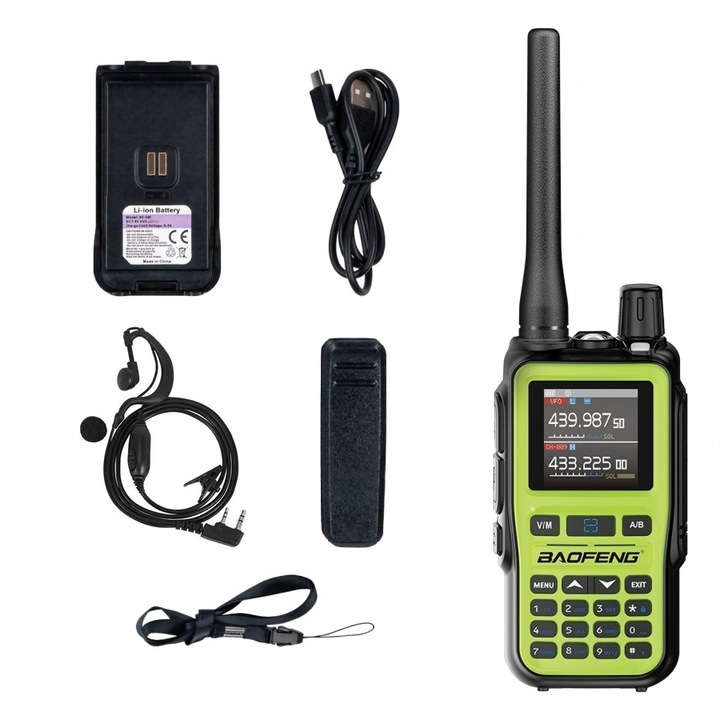 Statie radio portabila Baofeng UV-5R Mini, 5W, dual band, VOX, verde, 108x52x37mm, include casti