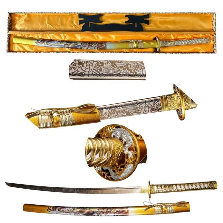 Sabie Katana Profesionala Ascutita, Dragon de Aur, Otel 1095, cu Teaca, Suport si Cutie Cadou GXSW-01, 100cm