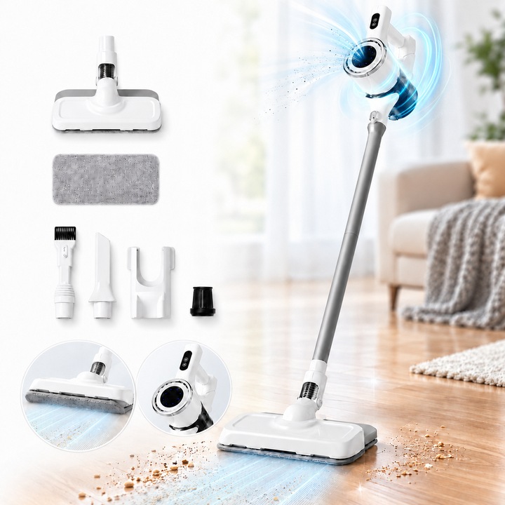 Aspirator vertical fara fir Leccik®, aspirare si mop 2 in 1, putere 120W, aspiratie 15000Pa, baterie 1800mAh, autonomie pana la 30 min, recipient praf 880 ml, incarcare Type-C, perie rotativa 270°, alb