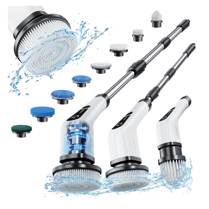 Perie de Curatat Electrica Rotativa 9 in 1 Premium ATT, Fara Fir, Brat Reglabil, Capete de Perie Inlocuibile Pentru Dus, Baie, Bucatarie, Podea, Faianta, Cada, Lungime Reglabila 30-137 cm, 2 Viteze, Alb