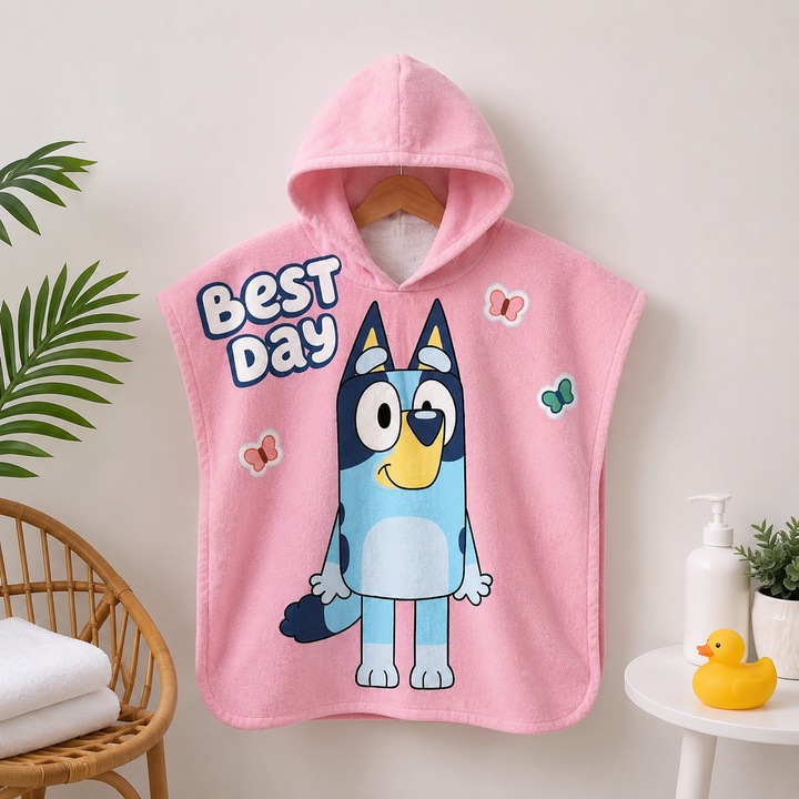 Poncho Prosop din Bumbac pentru Copii cu Gluga Bluey Roz – Prosop Plaja si Baie pentru Fetite 60x120 cm