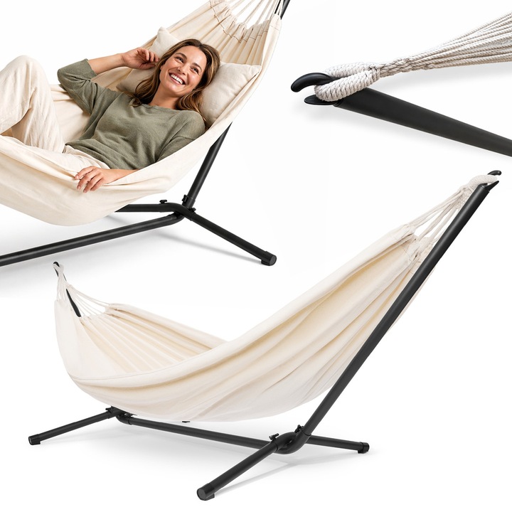 Set hamac de gradina cu suport metalic HyperMotion HYP73 HAMSETSOL 2, 200 x 150 cm, max. 100 kg, bej boho