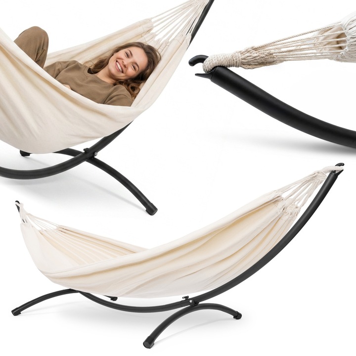 Set hamac de gradina cu suport metalic arcuit HyperMotion HYP71 HAMSETSOL, 200 x 150 cm, max. 100 kg, bej boho