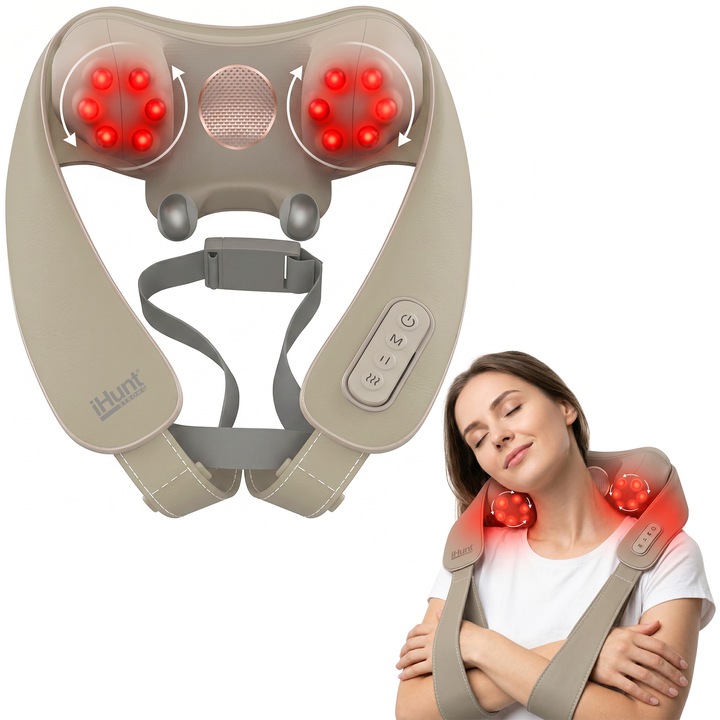 Aparat de masaj cervical iHunt SPA SmartNeck Air 3D, Electrostimulare EMS/TENS, Compresie inteligenta, Functie incalzire, Portabil, Reincarcabil