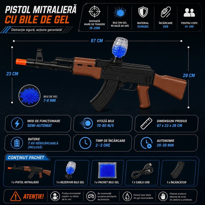 Pusca Jucarie AK47 cu Bile de Gel, 67 cm, Semi-Automata, Set Complet cu Amortizor Detasabil, Acumulator Reincarcabil si Cablu USB, Include Bile Gel 7-8MM, Rezervor Superior, Arma Tragere Rapida, Efecte Realiste, Cadou pentru Copii si Adolescenti