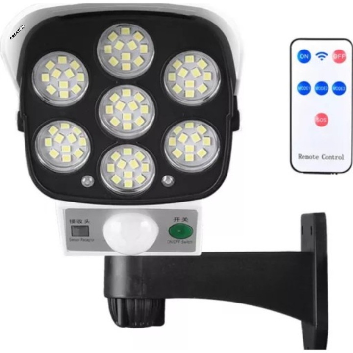 GREATON Napelemes Lámpa, Megfigyelő Kamera Típusú, 77 LED, Hamis Kamera, Kültéri IP65, Mozgásérzékelő, Távirányító, Napelemes Töltés, Fehér JLP2178