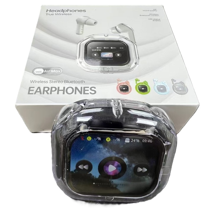 Casti Air Max True Wireless Bluetooth 5.4 – Ecran LCD Color Tactil, Reducere Zgomot, Autonomie Extinsa, Negru, Sport & Gaming