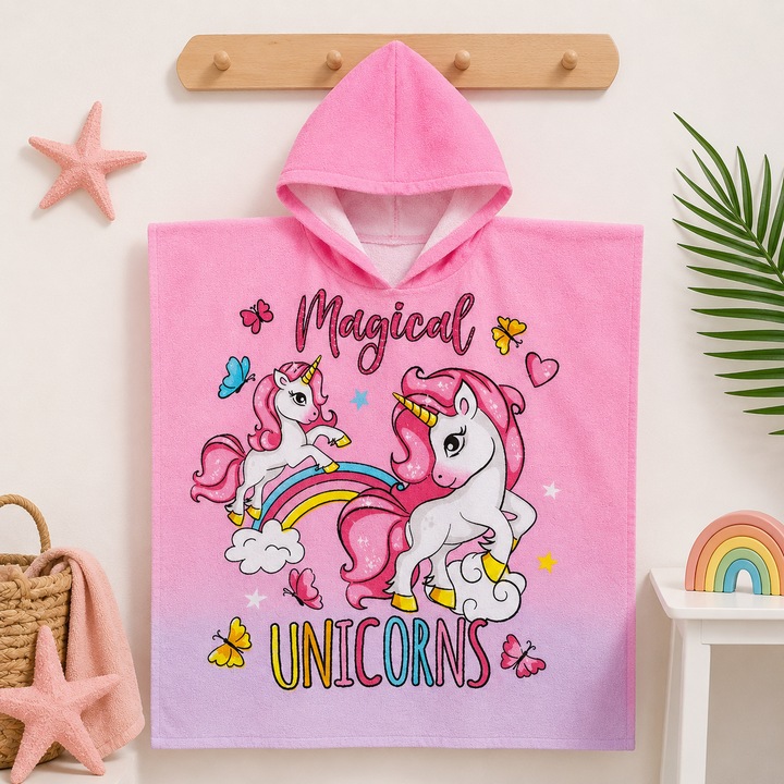 Poncho Prosop din Bumbac pentru Copii cu Gluga, Unicorn Roz – Prosop Plaja si Baie pentru Fetite 60x120 cm