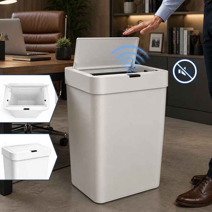Cos de Gunoi cu Senzor 50L Salestore.ro®, Capac Automat Anti-Miros, Inchidere Silentioasa, Fara Atingere, Rezistent la Apa IPX5,, Functionare pe Baterii, Design Slim