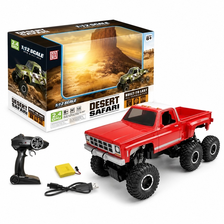 RC terepjáró sivatagi szafari autó gyerekeknek és felnőtteknek, Pickup távirányítóval 2.4GHz, 1:12 méretarány, 6x6 jármű felfüggesztéssel és nagy kerekekkel egyenetlen terepre, Akkumulátoros autó USB-vel, Piros