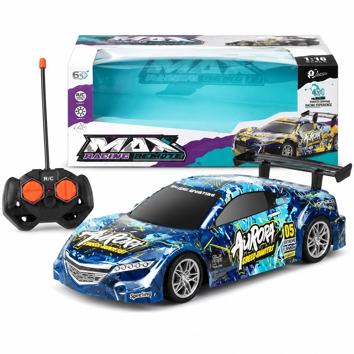 Távirányítós Sportautó Gyermekeknek, 1:16 Méretarány, 4x4 RC Autó Távirányítóval, Versenyautó Fényekkel és Graffiti Dizájnnal, Interaktív Játék Versenyzéshez és Szórakozáshoz, Ajándék Autórajongó Gyermekeknek, Kék
