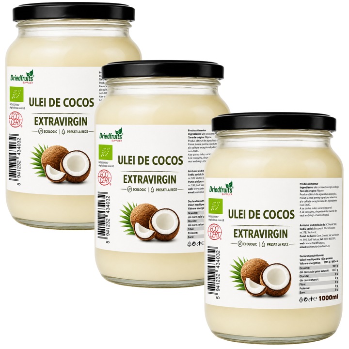 Ulei cocos extravirgin BIO (presat la rece) - 3 buc x 1000 ml