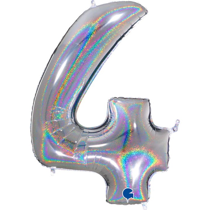 Balon folie holografic, cifra 4, argintiu, 100cm