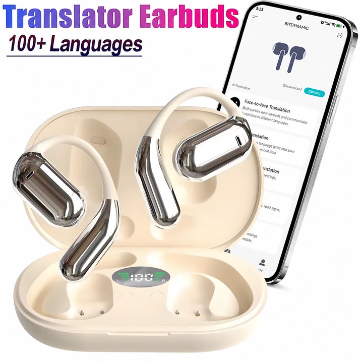 Casti Cu Translator AI Open-Ear, Valós Idejű Fordítás 100+ Nyelven, 6 Intelligens Mód, Audio/Video Hívások, Hang-, Fotó- és Szövegfordítás, Meeting Assistant, Ingyenes BitDynamic Alkalmazás, Bluetooth 6.1, Akár 24 Óra Üzemidő, iOS/Android, Bézs