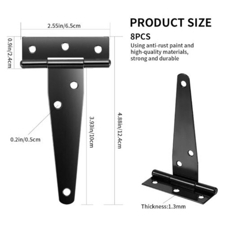 Balamale pentru usi rezistente, balamale pentru usi de 10 cm, balamale negre in forma de T, balamale plate din otel inoxidabil, balamale pentru usi din fier, balamale rezistente pentru usi, ferestre, soproane de gradina, 8 buc